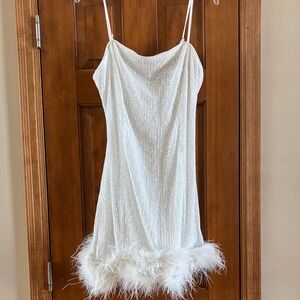 Lulu's White Shimmer Feather-Trim Mini Dress